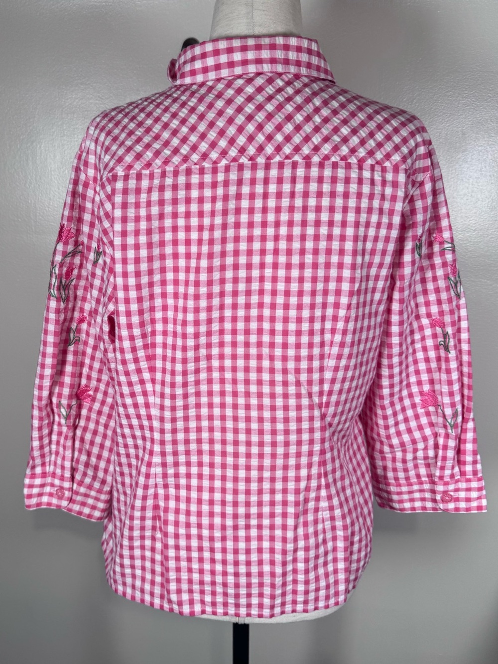 Teddi Pink Gingham Embroidered Tulip Floral VTG Country Cottagecore Blouse Sz PM - Picture 8 of 11
